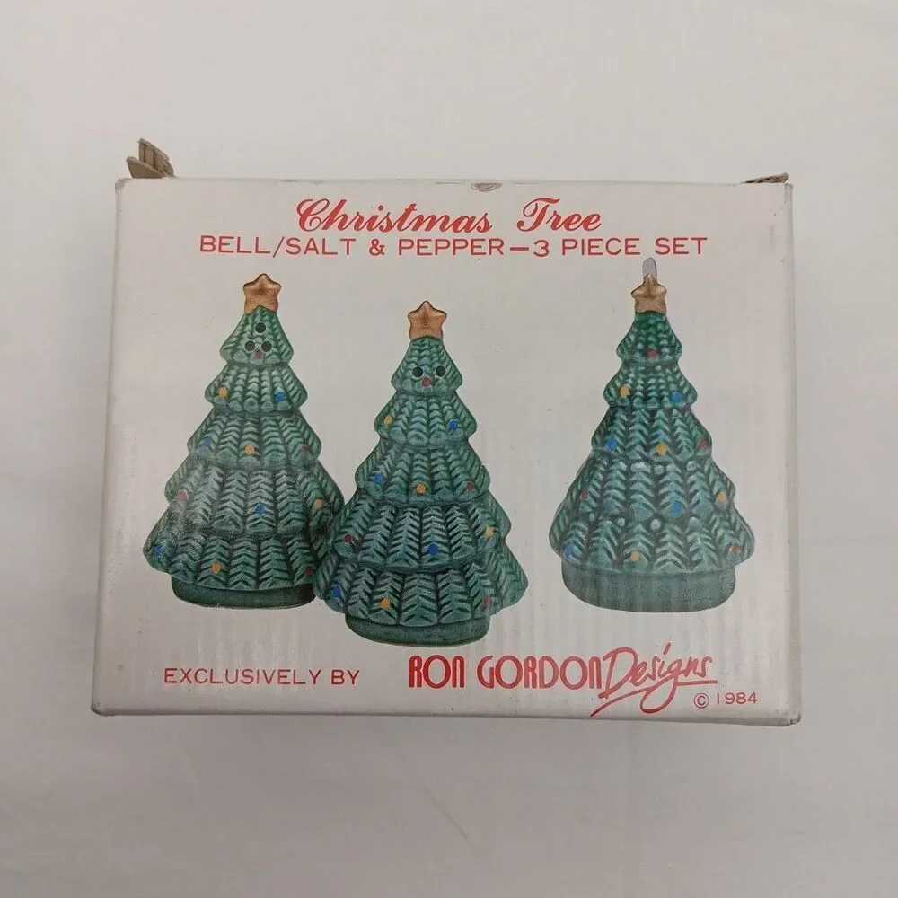 Vintage Ron Gordon Designs Christmas Tree Bell/Salt & Pepper 3-Piece 1984 Flaws
